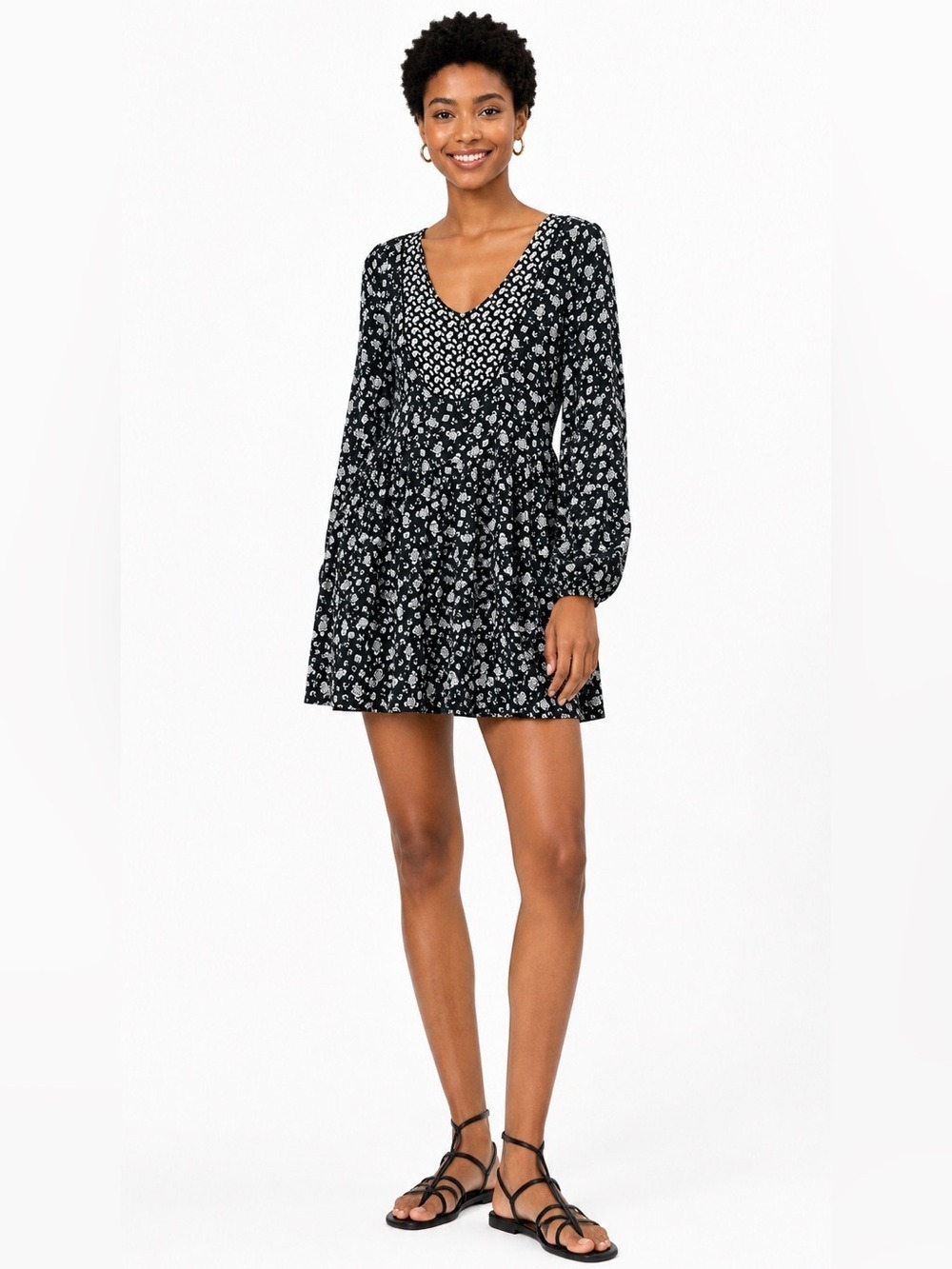 ZARA TRAFALUC Easy Care Mini Dress  Black / Cream Floral Print w/ Pockets Sz M